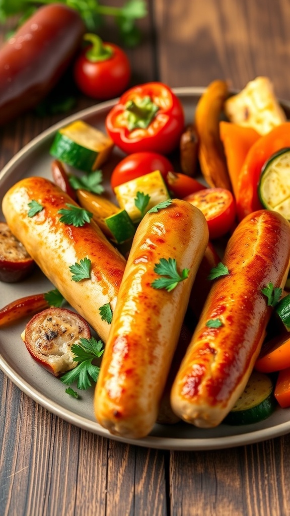 Golden-brown air fryer Italian chicken sausages on a plate with parsley and roasted vegetables.